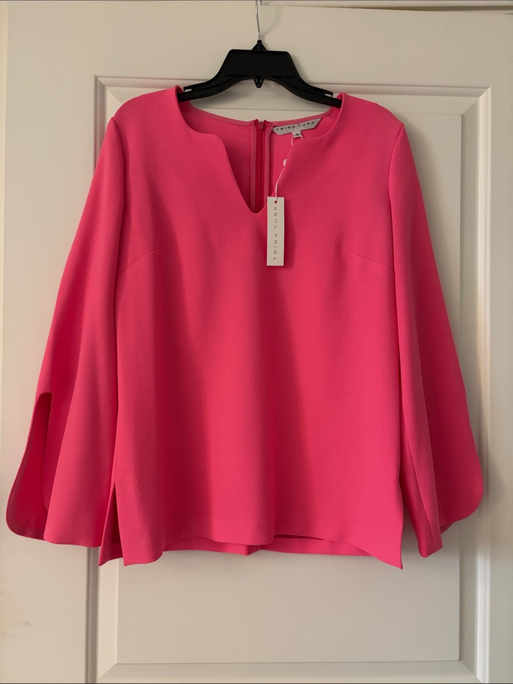 Trina Turk Vibrant Pink Split-Sleeve Notch-Neck Blouse